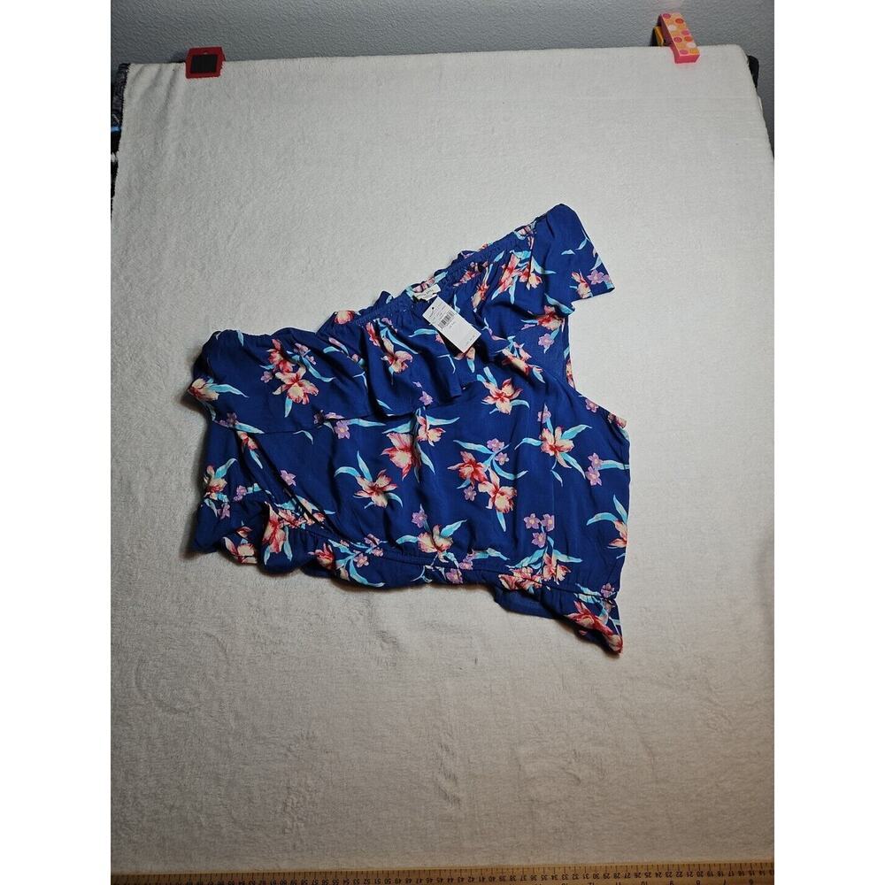 NWT American Eagle Womens 2XL Blue One Shoulder Ruffle Tropical Hawaiian Shirt